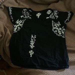 Black Embroidered V-Neck Flutter Sleeve Blouse